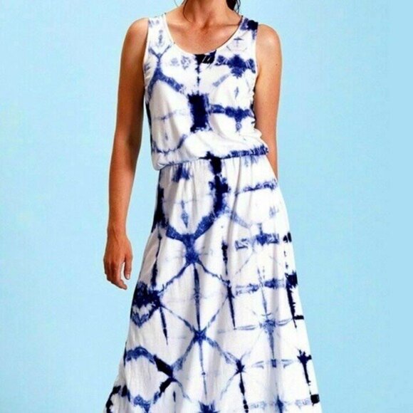 Fresh Produce Navy Blue Tie-Dye Adaria Asymmetric Maxi Dress Size L Tivoli Aria - Picture 4 of 10